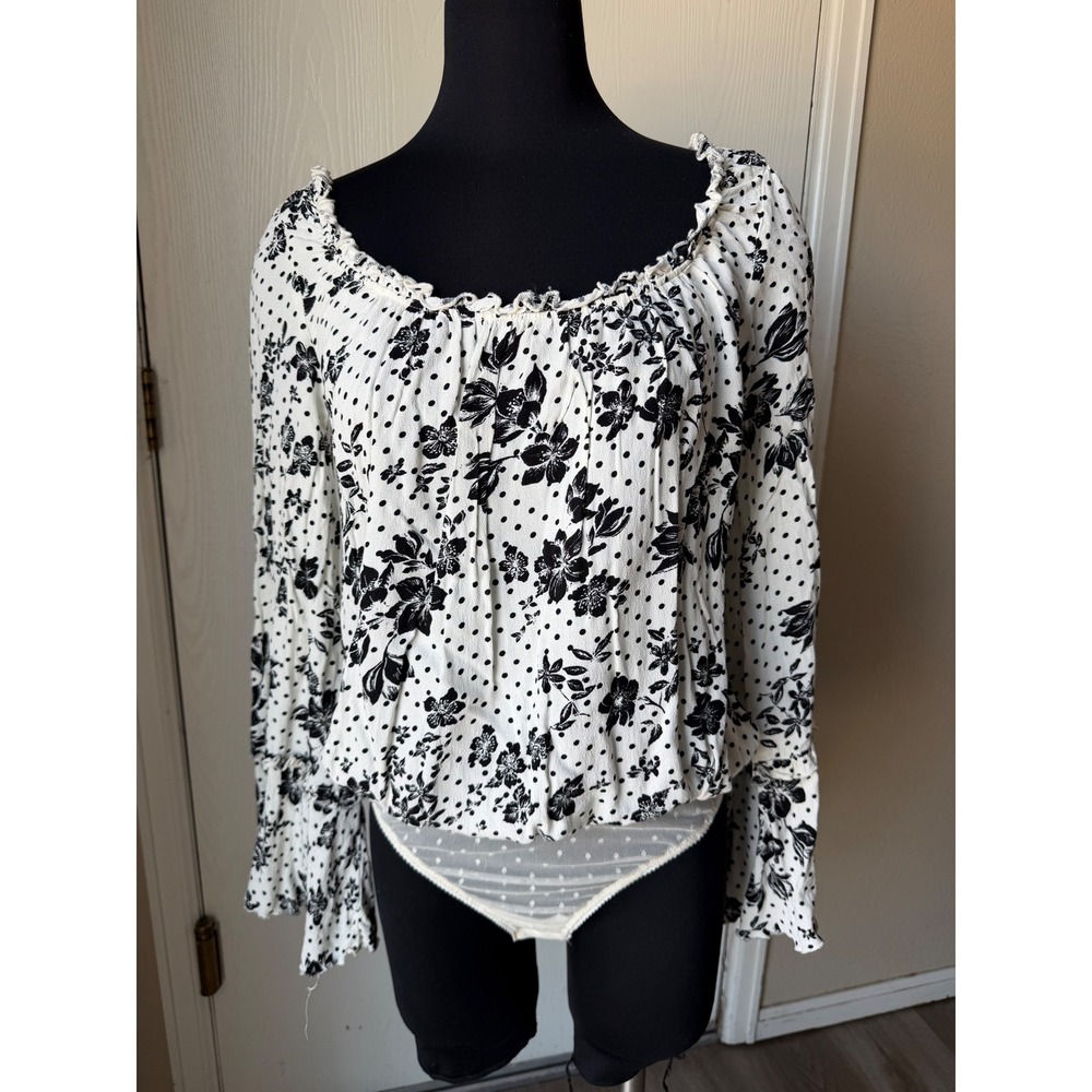 Intimately Free People Floral Polka Dot Bell Sleeve Bodysuit Black White Large